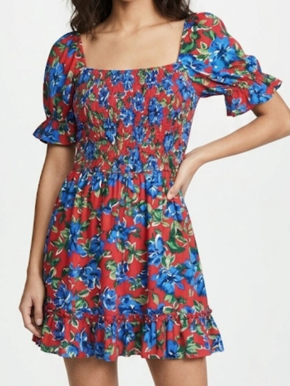 Band of Gypsies Smocked Red Blue Floral Retro Mini Dress Puff Sleeves Size S